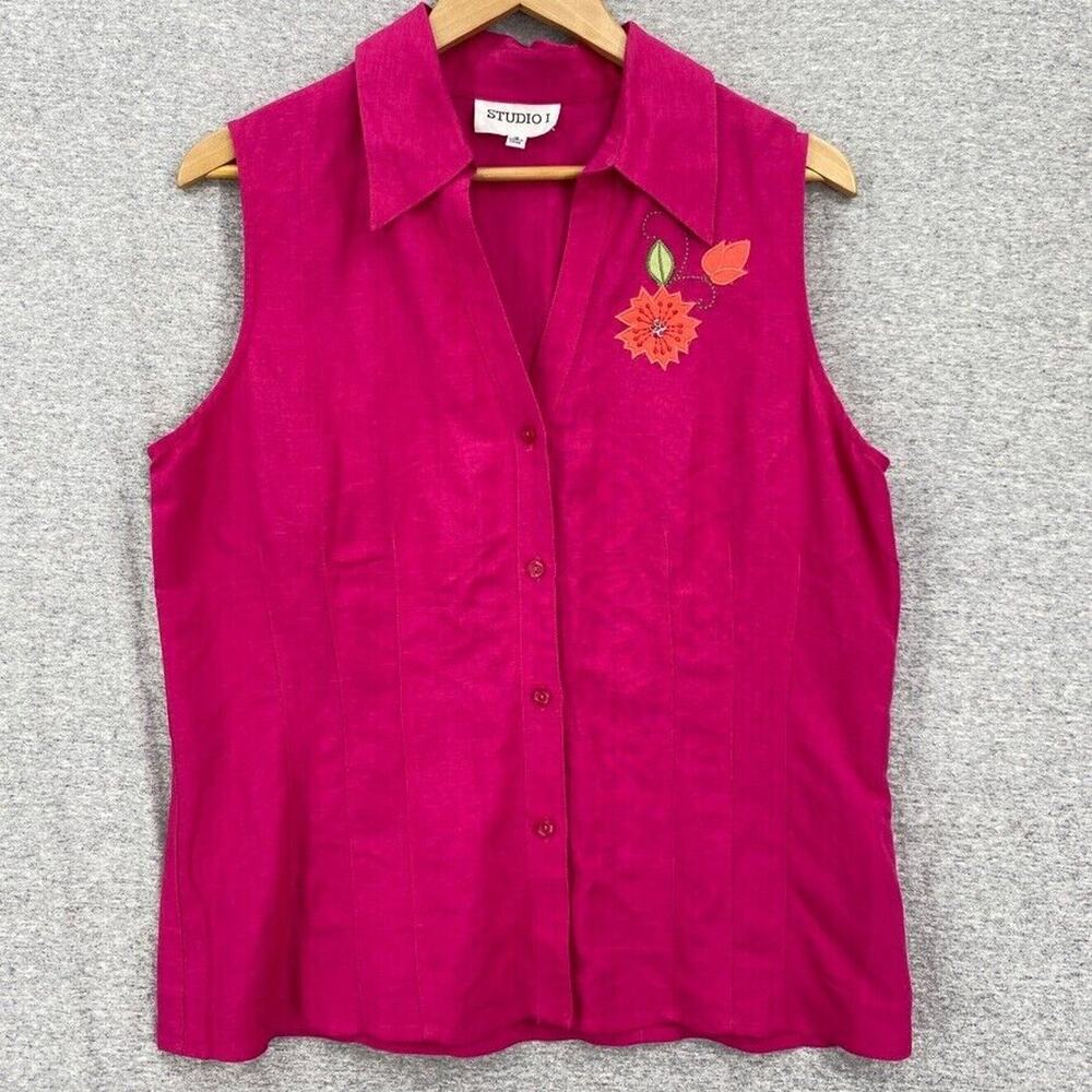 Studio 1 Blouse Womens 12 Pink Sleeveless Linen Button Up Embroidered